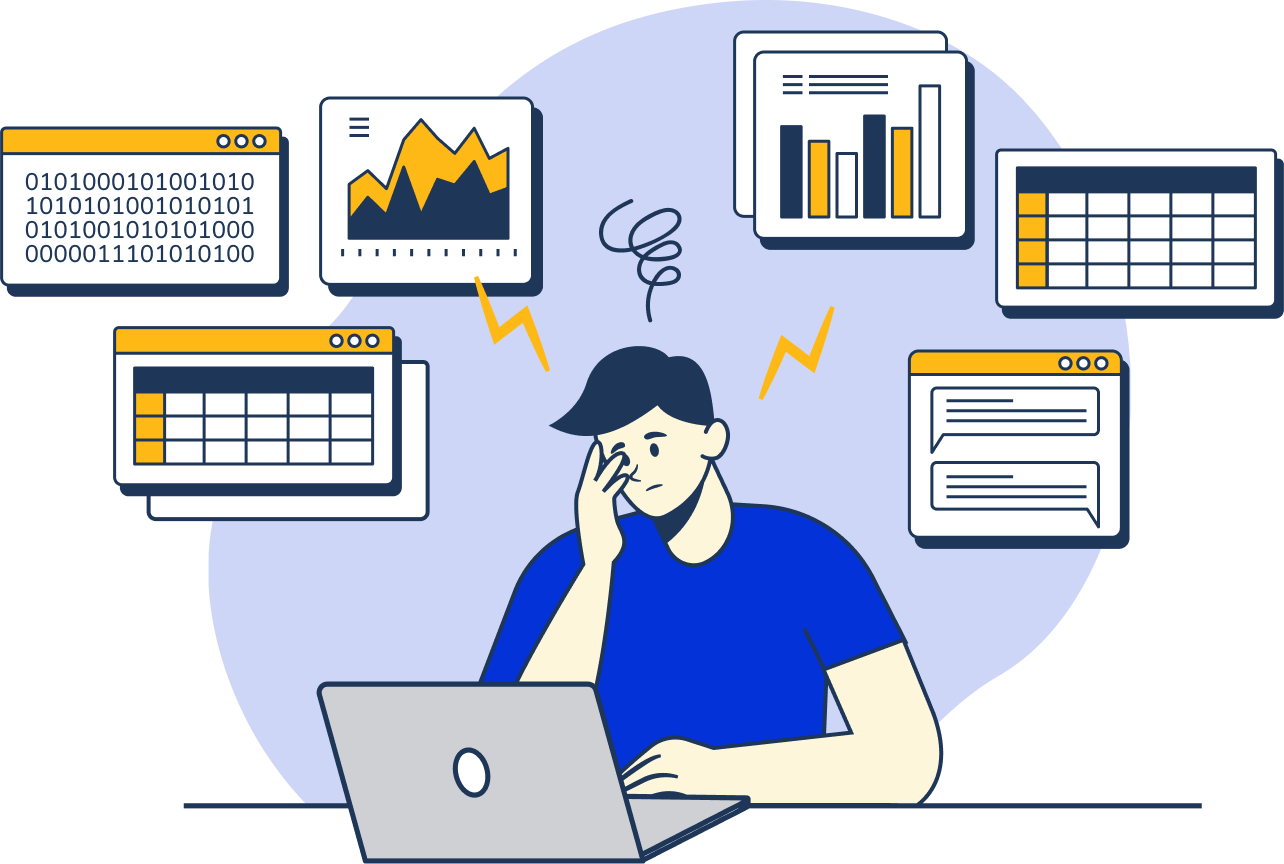 Person at laptop, looking frustrated by complex or disorganized software