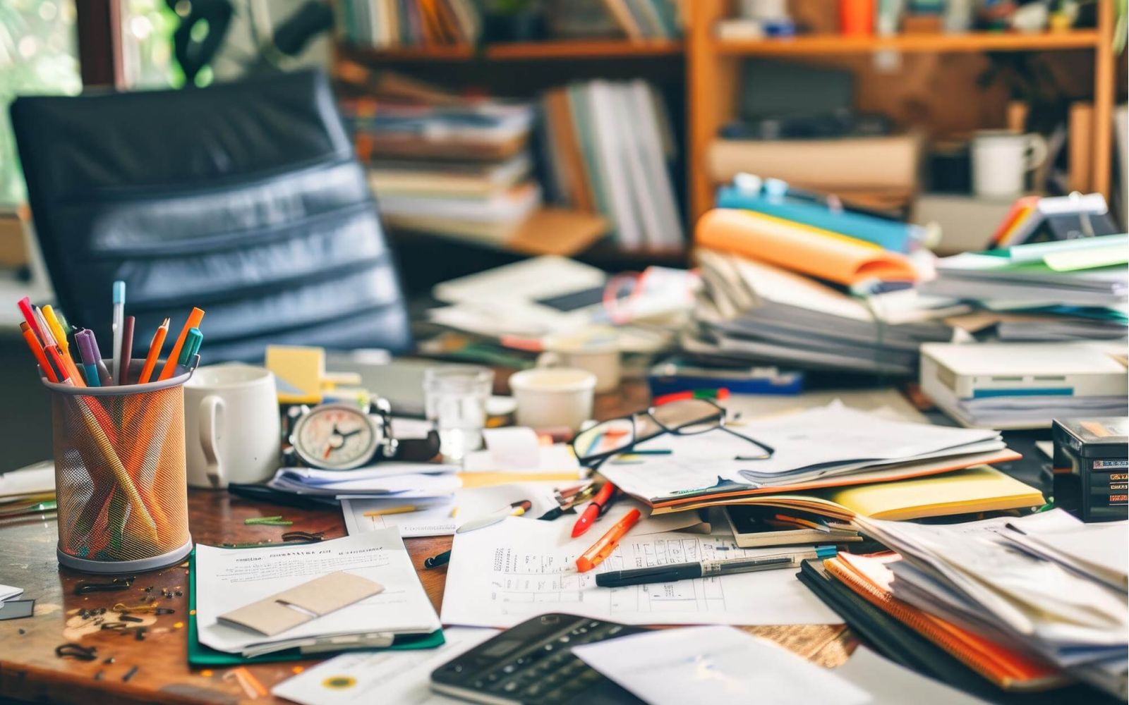 A closeup shot of a desk covered in papers pens and other office supplies